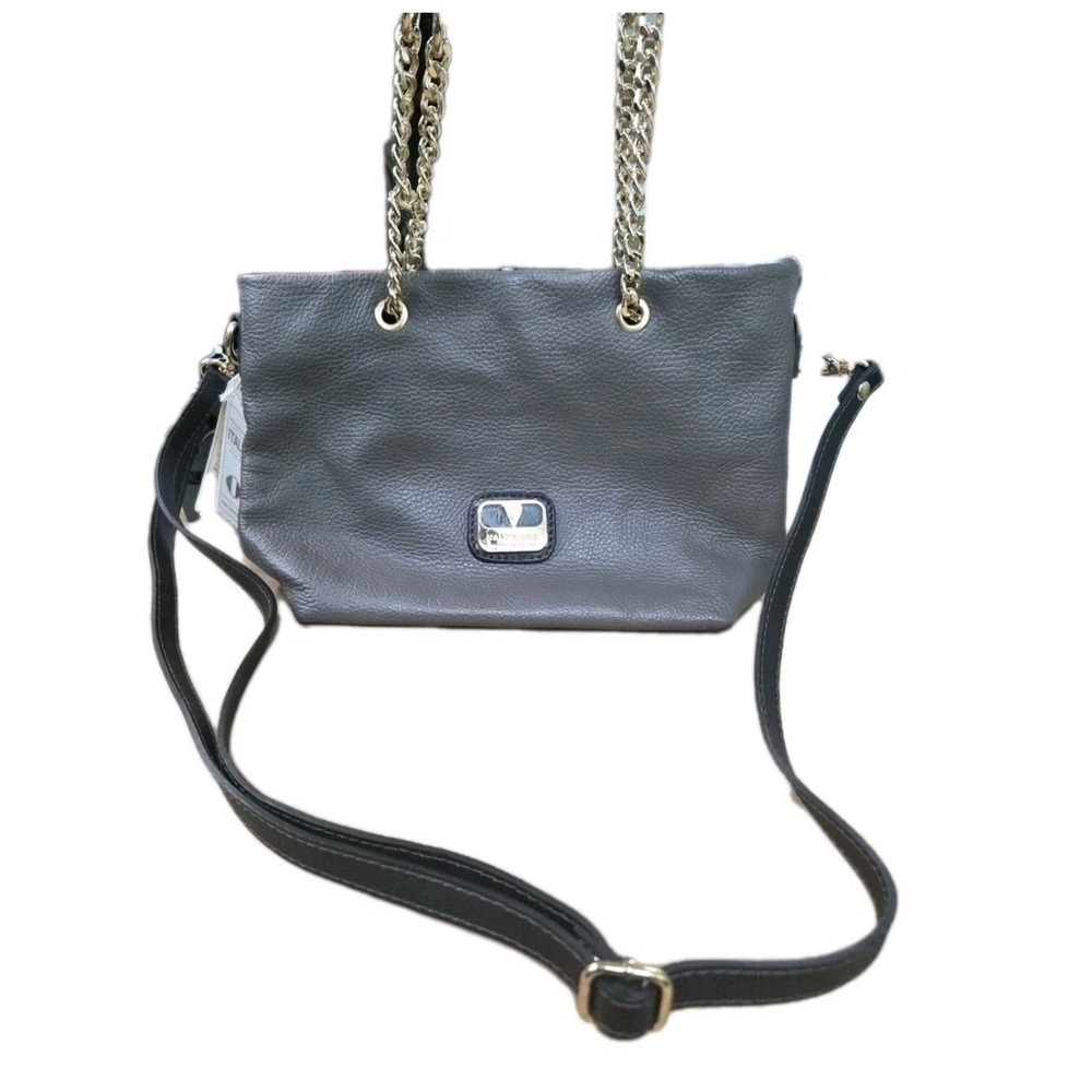 Valentina Italy Gray Pebbled Leather Crossbody Bag Gold Chain Handle NWT